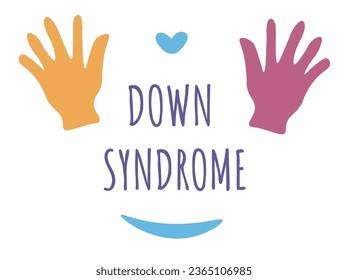 trisomy genetic disorder, down syndrome banner with hands of children and adults and heart symbol. Chromosome copy of person. Health and treatment, care for kid. Vector in flat style illustration