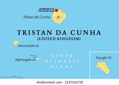 Tristan da Cunha, Inaccessible, Nightingale and Gough Island political map. Remote group of volcanic islands in the South Atlantic. British Overseas Territory with capital Edinburgh of the Seven Seas.