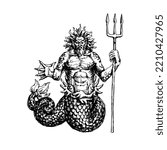 Triton, the ancient Greek God of the depths of the sea with a trident. Logo or emblem for diving. Vector illustration with black ink lines isolated on a white background in a hand drawn style.