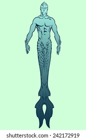 Triton - deep see mythological creature. Simple linear drawing isolated on light green background. EPS8 vector illustration.