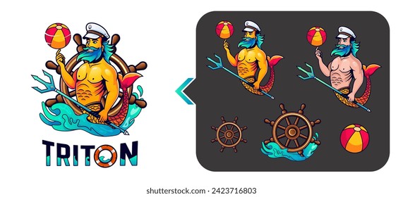 Triton Greek God of mythology spinning a volleyball on finger wearing a Ship captain hat.  Muscular merman with a fish tail. Pirate ship steering wheel with water splash. Logo for beach related sport