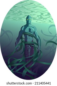 Triton - mythological underwater creature with seaweeds on a background. Vector illustration.