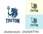 triton or poseidon standing holding trident logo vector illustration