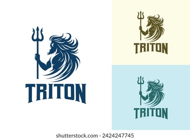 triton or poseidon standing holding trident logo vector illustration
