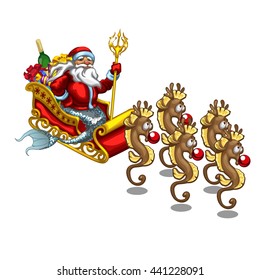 Triton Santa Claus on sleigh drawn by seahorses isolated on white background. Vector illustration.