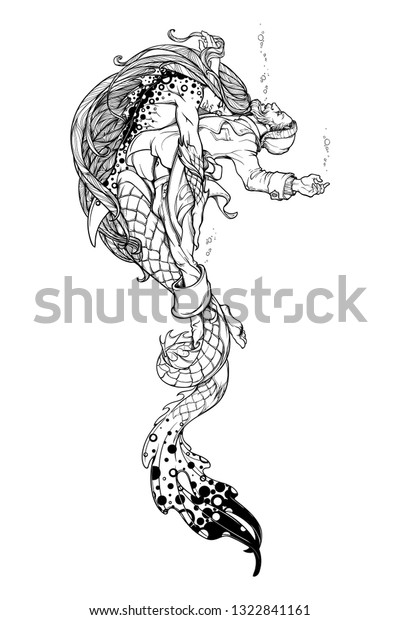 溺れている漁師を救うトリトン 人魚の女性に関する性別の逆転した話 コンセプトイラスト 白い背景に白黒の図 Eps10のベクターイラスト のベクター画像素材 ロイヤリティフリー