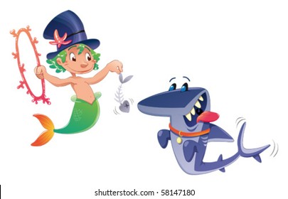 Triton with shark. Funny cartoon and vector characters.