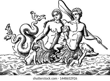 Tritons vintage engraved illustration drawing. 