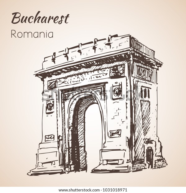 Triumph Arch sketch. Bucharest, Romania.\
Isolated on white\
background