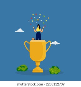 triumph or award winning career success concept, business achievement, businessman on winning trophy.