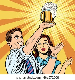 Triumph beer festival bar pub man and woman pop art retro vector. Mug of beer on the podium