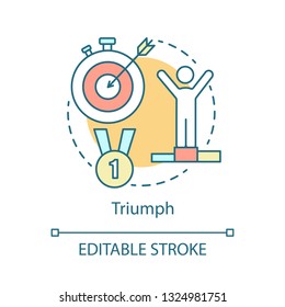 Triumph concept icon. Victory idea thin line illustration. Success goal achievement. Gold medal. First place. Sport competition winning. Vector isolated outline drawing. Editable stroke