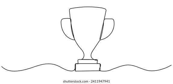 Triumph cup continuous line drawing. Trophy winner symbol. Vector illustration isolated on white.