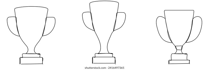 Triumph cups set continuous line drawing. Trophy winner symbol collection. Vector illustration isolated on white.