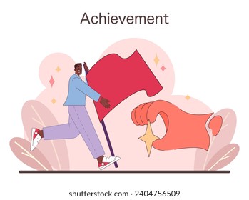 Triumph in Goals illustration. A jubilant individual raises a flag, symbolizing the pinnacle of personal achievement and the joy of success. Flat vector illustration