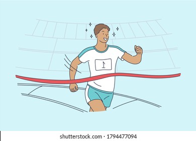 Triumph, sport, victory, success, championship concept. Young happy excited smiling african american man guy athlete runner crosses finish line with ribbon at human race. Goal achievement illustration