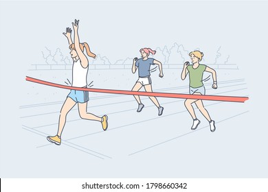 Triumph, sport, victory, success, competition concept. Young happy excited smiling woman girl athlete runner crosses finish red line with ribbon first and winning race. Goal achievement illustration.