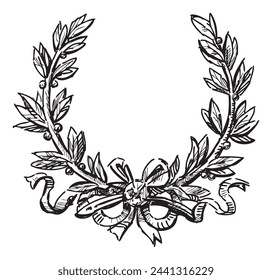 Triumph wreath laurel branches, ribbon, sketch,hand drawn black and white vector illustration isolated on white