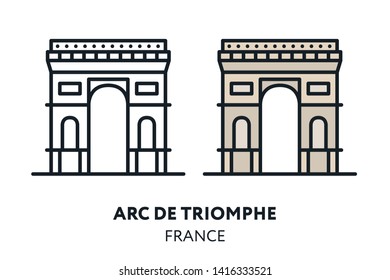 Triumphal Arc de Triomphe. Paris France Landmark Sight. Vector Flat Line Icon Illustration.
