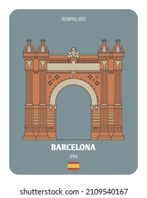 Triumphal Arch in Barcelona, Spain. Architectural symbols of European cities. Colorful vector 