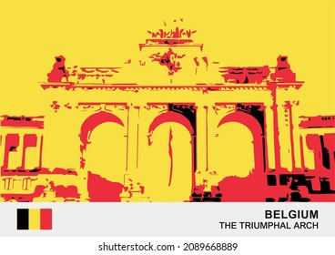 Der Triumphbogen von Belgien dient als dramatisches Kernstück des Parc du Cinquantenaire.Handgezeichnete Skizze in Vektorgrafik.
mit den Farben der Flagge Belgiens.