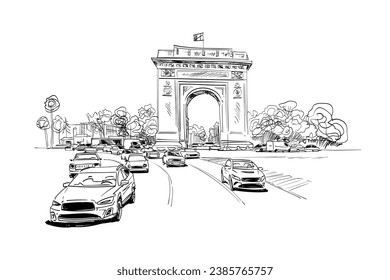 Triumphal Arch. Bucharest. Romania. Hand drawn city sketch. Vector illustration.