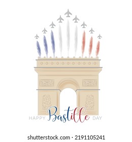 Triumphal arch building landmark with military airplanes Bastille day Vector