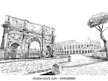 Triumphal Arch of Constantine. Coliseum. Rome. Italy. Hand drawn landmark sketch. Vector illustration.