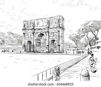 Triumphal Arch of Constantine. Rome. Italy. Hand drawn landmark sketch. Vector illustration.