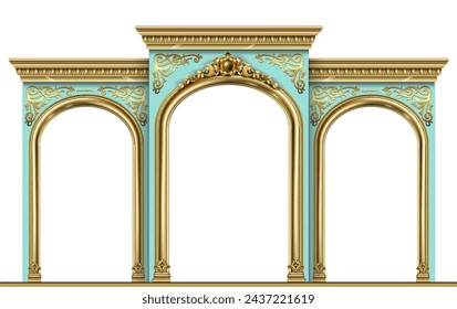 Triumphal Arch. Golden luxury classic arch with columns. The portal in Baroque style. The entrance to the fairy Palace