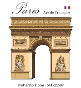 Triumphal Arch (Landmark of Paris, France) vector isolated colorful hand drawing illustration on white background