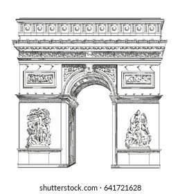 Triumphal Arch (Landmark of Paris, France) vector isolated hand drawing illustration in black color on white background