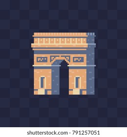 Triumphal arch. Monument building Arc de Triomphe. Landmark France. Pixel art icon. Tourist attraction. Symbol of Paris. 8-bit sprite. Sticker design. Isolated vector illustration. 