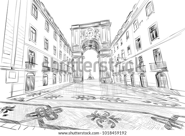 ルアオグスタの凱旋門 プラサ ド コマーシオ リスボン ポルトガル ヨーロッパ 手描きのベクターイラスト のベクター画像素材 ロイヤリティフリー