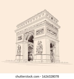 Triumphal Arch in Paris France. Pencil sketch on a beige background.