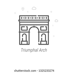 Triumphal Arch, Paris Vector Line Icon. Historical Landmarks Symbol, Pictogram, Sign. Light Abstract Geometric Background. Editable Stroke. Adjust Line Weight. Design with Pixel Perfection.