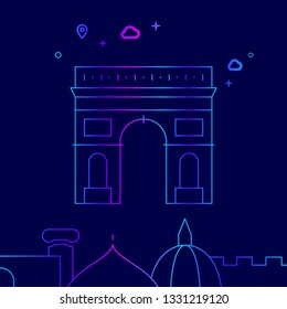 Triumphal Arch, Paris Vector Line Illustration. Historical Landmarks Gradient Icon, Symbol, Pictogram, Sign. Dark Blue Background. Light Abstract Geometric Background. Related Bottom Border