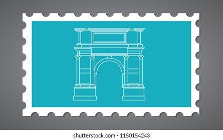 Triumphal arch postage stamp, white outline icon on blue background, vector eps10 illstration