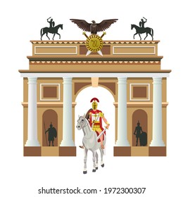 Triumphal arch with roman soldier on horseback on a white horse. Vector illustration isolated on white background