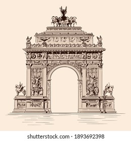 Triumphal Arch with statues in a classic Renaissance merge. Handmade sketch on a beige background.