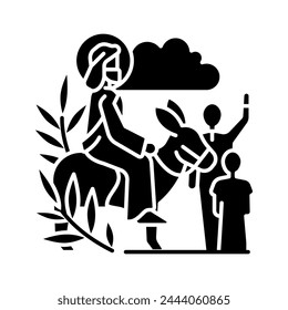 Triumphal entry into Jerusalem black glyph icon. Palm Sunday. Start of holy week. Jesus Christ riding donkey. Silhouette symbol on white space. Solid pictogram. Vector isolated illustration