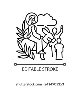 Triumphal entry into Jerusalem linear icon. Palm Sunday. Start of holy week. Jesus Christ riding donkey. Thin line illustration. Contour symbol. Vector outline drawing. Editable stroke