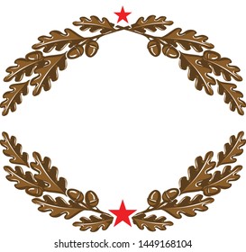 Triumphal oak branches wreath with acorns and red star as military style logo element. Vector illustration on white background.
