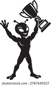 Triumphant alien holding up a golden trophy