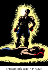 Triumphant Boxer standing over beaten opponent