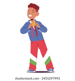 Triumphant Boy Character Clasps A Gleaming Gold Medal, His Eyes Alight With Pride And Accomplishment, A Testament To His Hard Work And Dedication to Sport. Cartoon People Vector Illustration