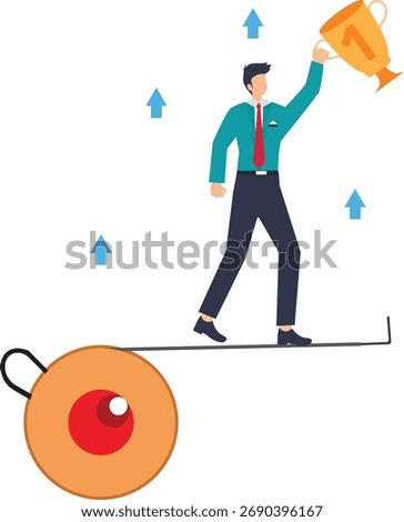 Triumphant businessman balancing on measuring tape while hoisting winner's trophy, symbolizing achievement and success with upward arrows

