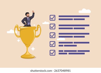 Triumphant Businessman Celebrating Success Standing Inside a Gold Trophy with a Completed Checklist Representing Accomplishments.