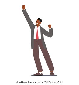 Triumphant Businessman Character Celebrates With Raised Arms, Exuding Confidence And Success, Symbolizing Achievement And Victorious Moments In The Corporate World. Cartoon People Vector Illustration