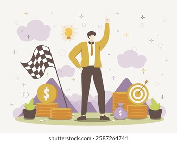 A triumphant businessman raising his finger in victory amidst financial symbols and elements, illustrated in a contemporary vector style, ideal for success and motivation themes.